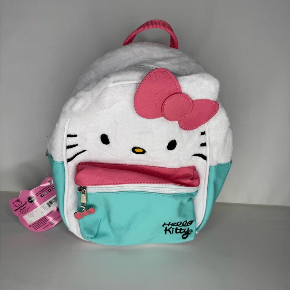 NWT Hello Kitty Sanrio Plush Mini Backpack White Mint Pink Bow Adjustable 10.5”